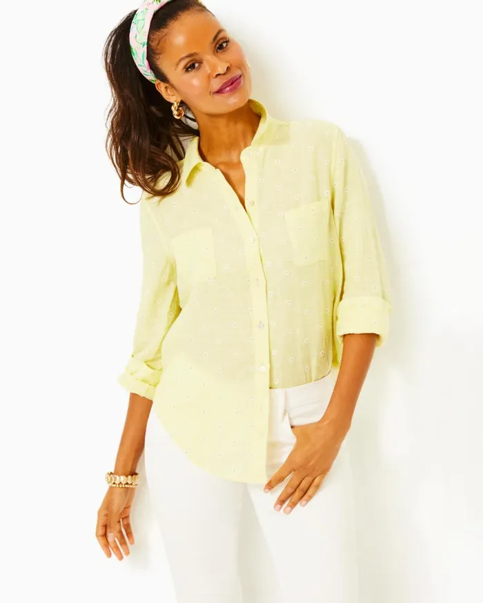 Women Lilly Pulitzer Tops Sea View Linen Button Down Top Urchin Pink X Resort White Women Lilly Pulitzer Tops Sea View Linen Button Down Top Urchin Pink X Resort White