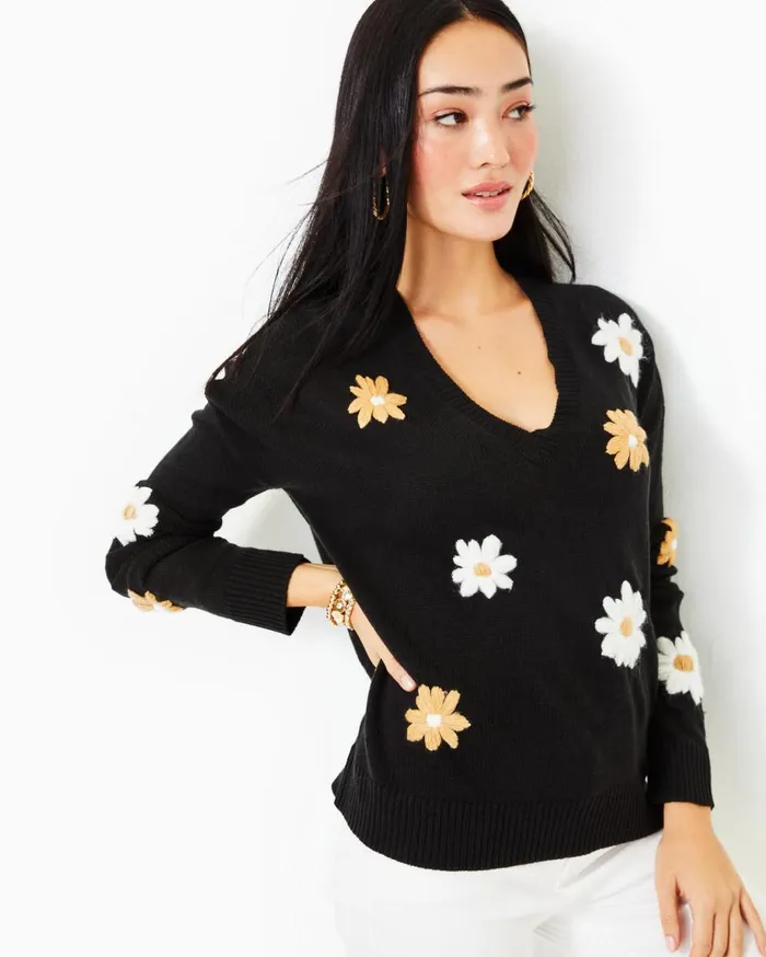 Women Lilly Pulitzer Tops Tensley Sweater Black Blooming Embroidery