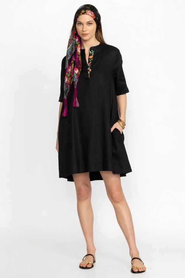 Women LINEN POLO DRESS WITH MANDARIN COLLAR Black Beauty Johnny Was Dresses
