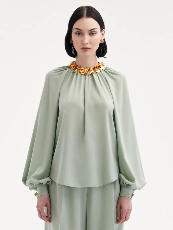 Women Long Sleeve Georgette Blouse Eucalyptus Oscar De La Renta Blouses and Knits Women Long Sleeve Georgette Blouse Eucalyptus Oscar De La Renta Blouses and Knits