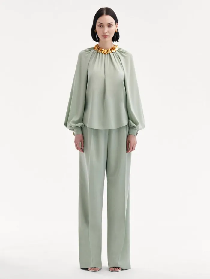 Women Long Sleeve Georgette Blouse Eucalyptus Oscar De La Renta Blouses and Knits Women Long Sleeve Georgette Blouse Eucalyptus Oscar De La Renta Blouses and Knits