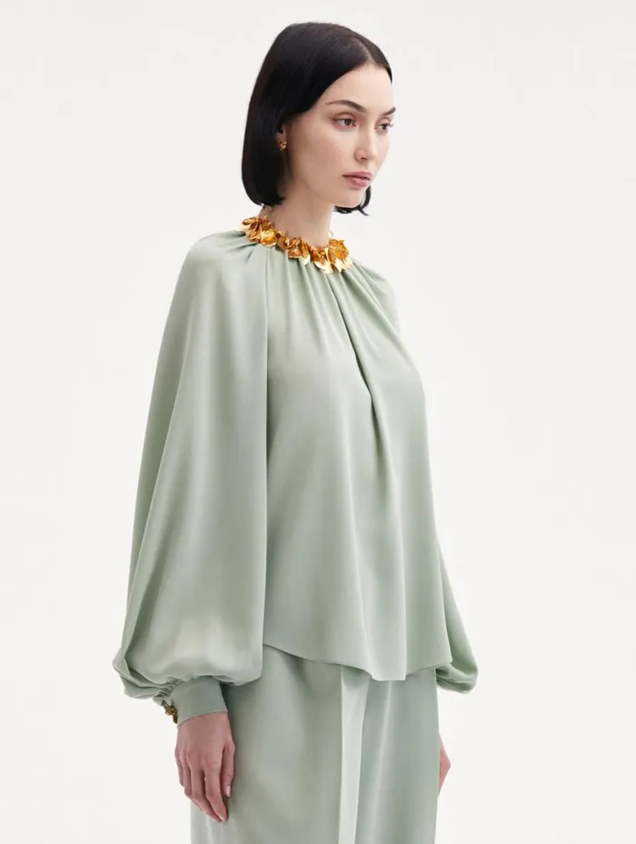 Women Long Sleeve Georgette Blouse Eucalyptus Oscar De La Renta Blouses and Knits Women Long Sleeve Georgette Blouse Eucalyptus Oscar De La Renta Blouses and Knits