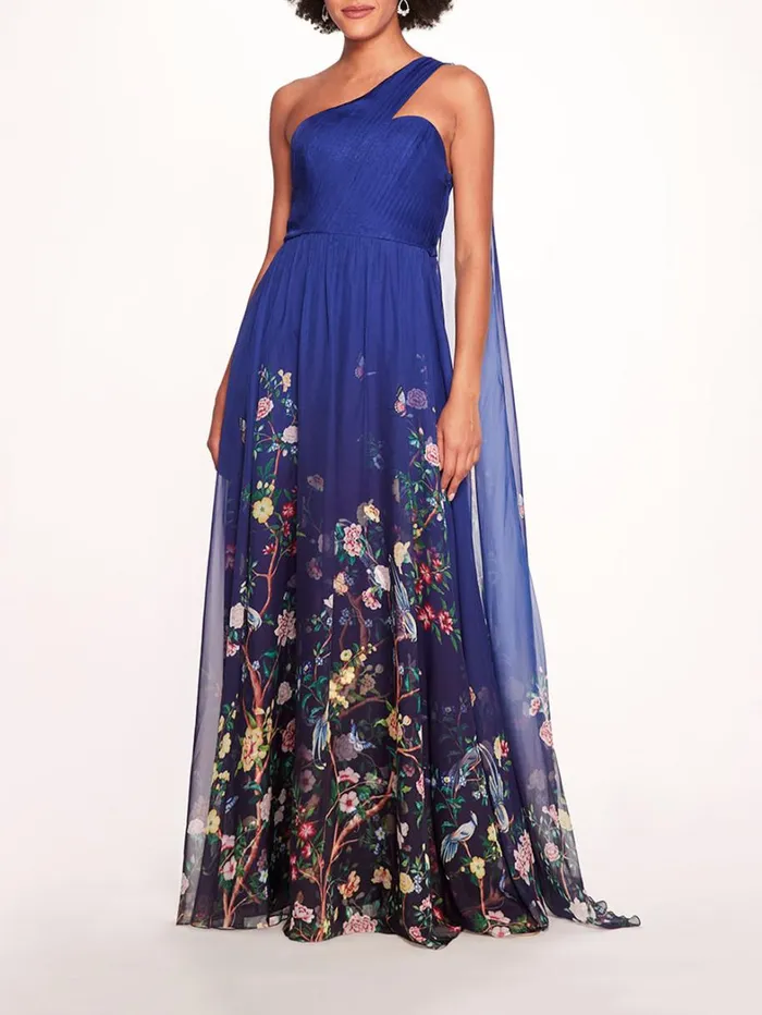 Women Marchesa Dresses Flowering One Shoulder Gown Indigo Multi