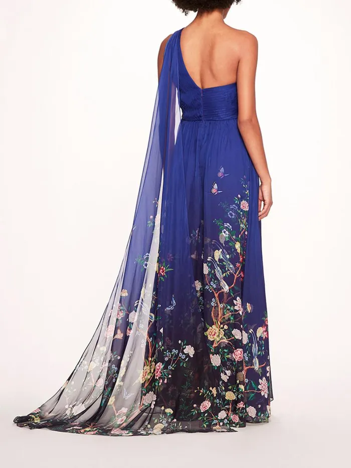 Women Marchesa Dresses Flowering One Shoulder Gown Indigo Multi Women Marchesa Dresses Flowering One Shoulder Gown Indigo Multi