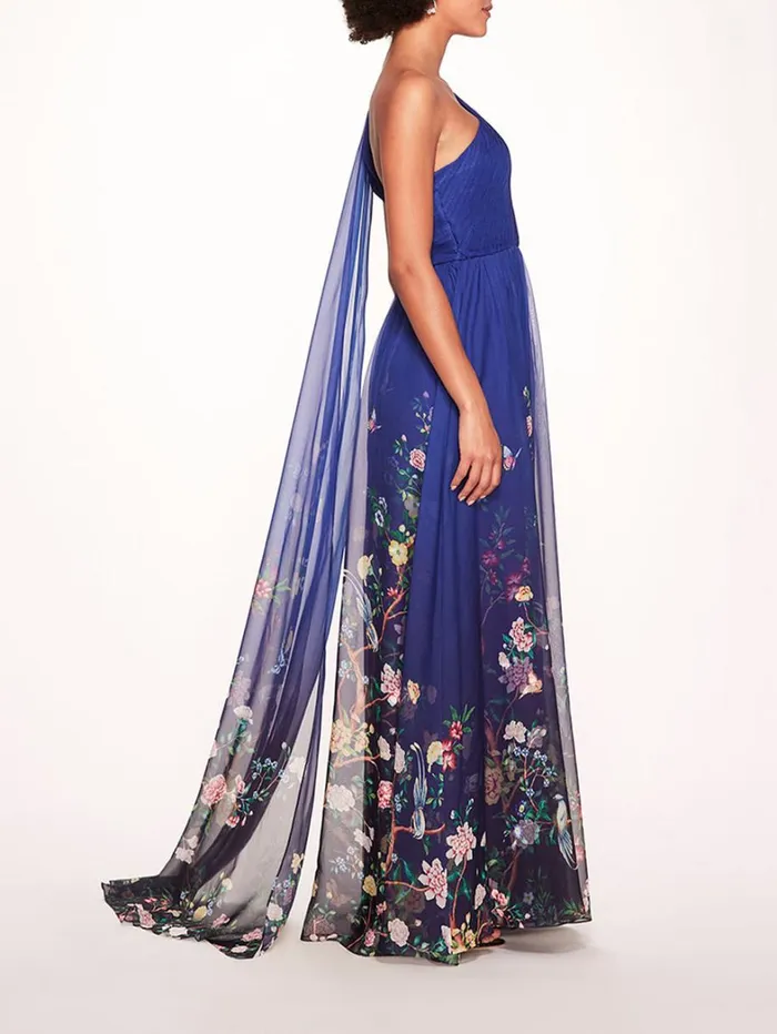 Women Marchesa Dresses Flowering One Shoulder Gown Indigo Multi Women Marchesa Dresses Flowering One Shoulder Gown Indigo Multi
