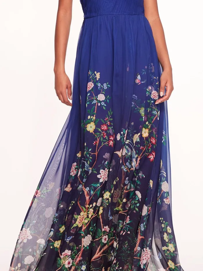 Women Marchesa Dresses Flowering One Shoulder Gown Indigo Multi Women Marchesa Dresses Flowering One Shoulder Gown Indigo Multi