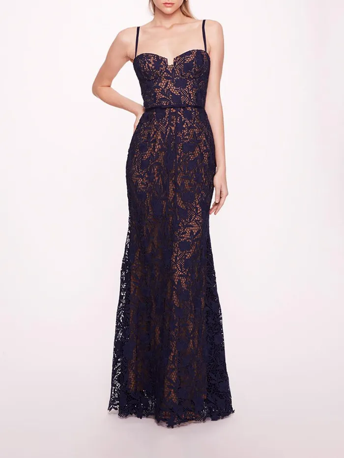 Women Marchesa Dresses Lace Mermaid Gown Navy