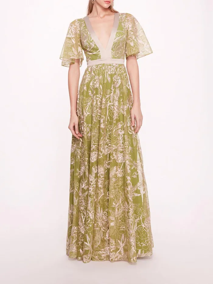 Women Marchesa Dresses Peonies Gown Green Champagne