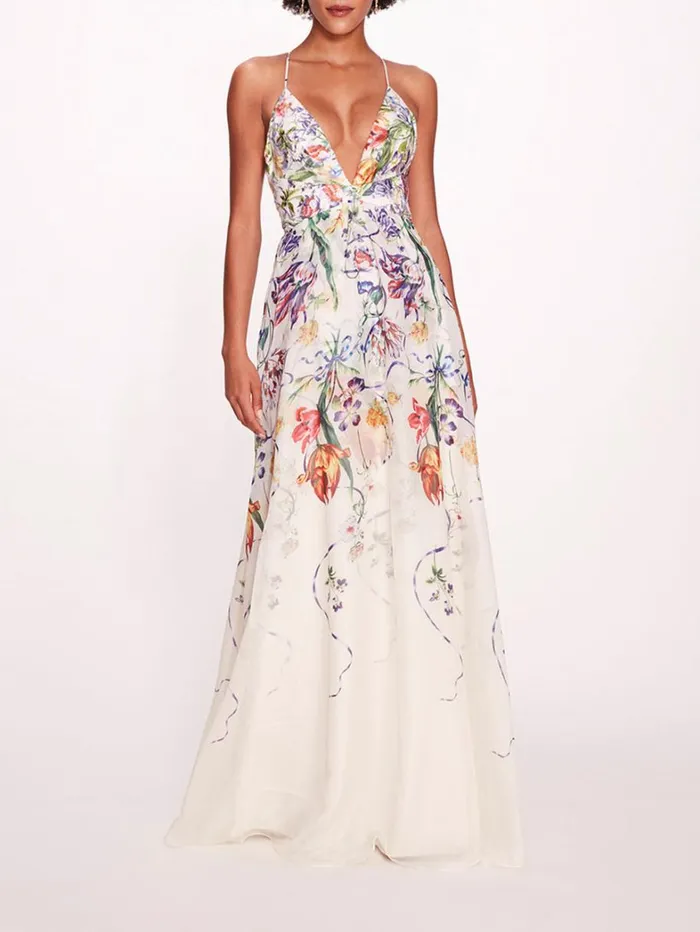 Women Marchesa Dresses Ribbons Gown Ivory Multi