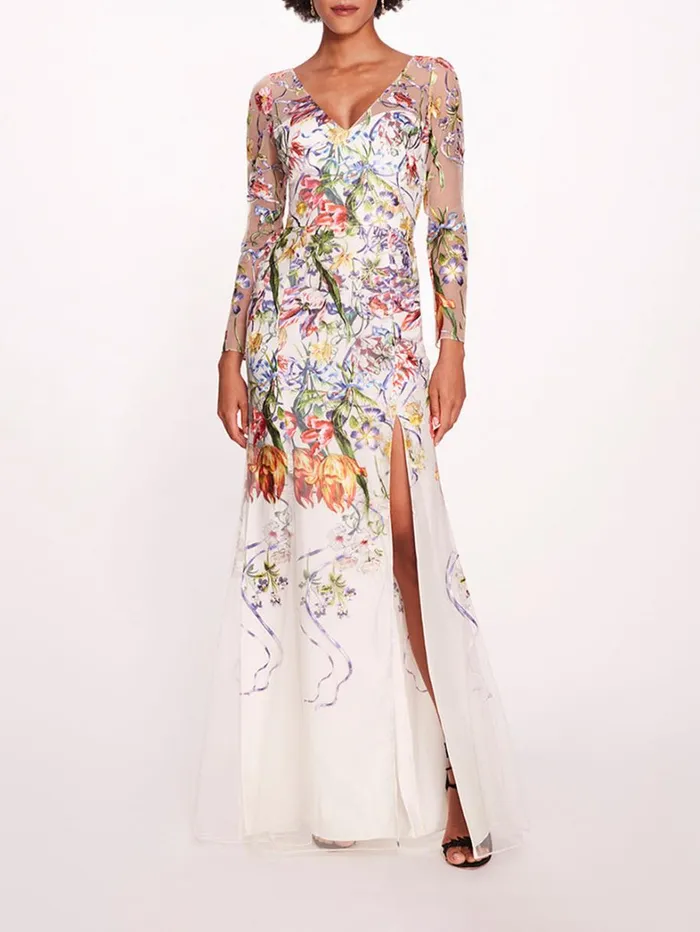 Women Marchesa Dresses Ribbons Long Sleeve Gown Ivory Multi