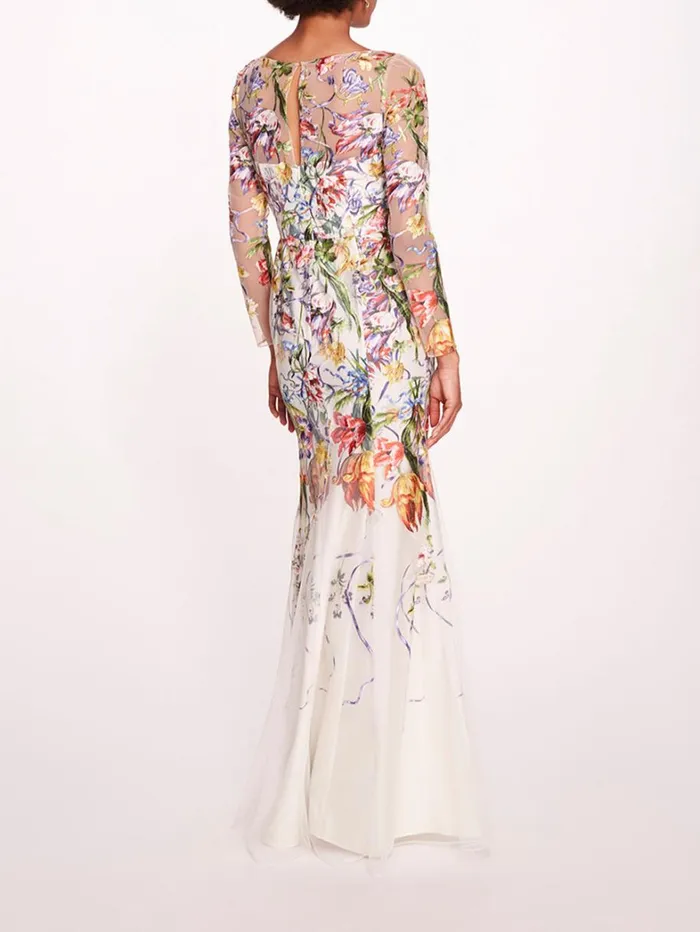 Women Marchesa Dresses Ribbons Long Sleeve Gown Ivory Multi