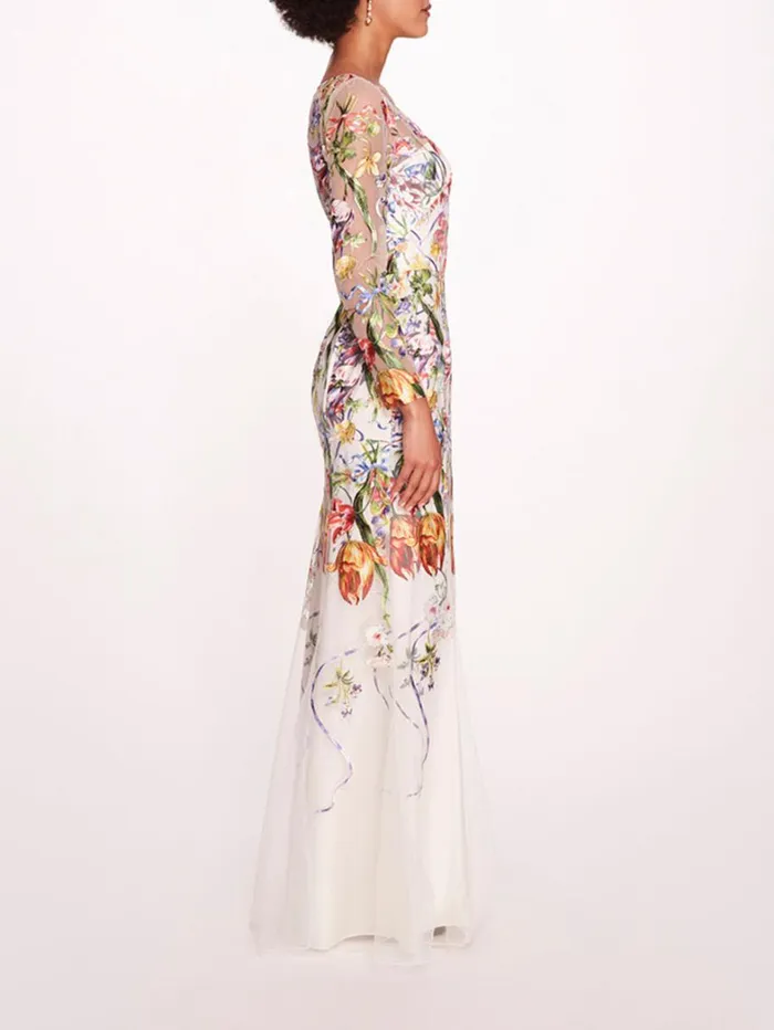 Women Marchesa Dresses Ribbons Long Sleeve Gown Ivory Multi