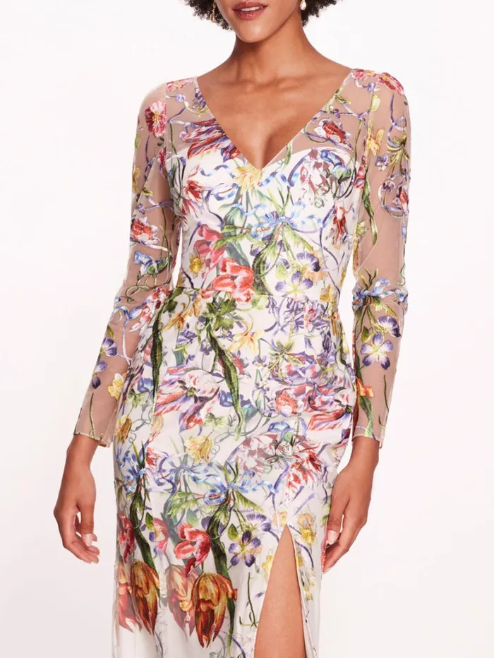 Women Marchesa Dresses Ribbons Long Sleeve Gown Ivory Multi