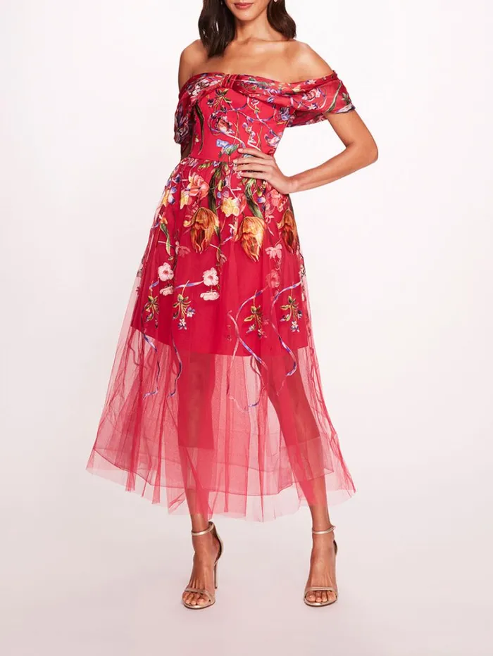 Women Marchesa Dresses Ribbons Midi Dress Fuchsia