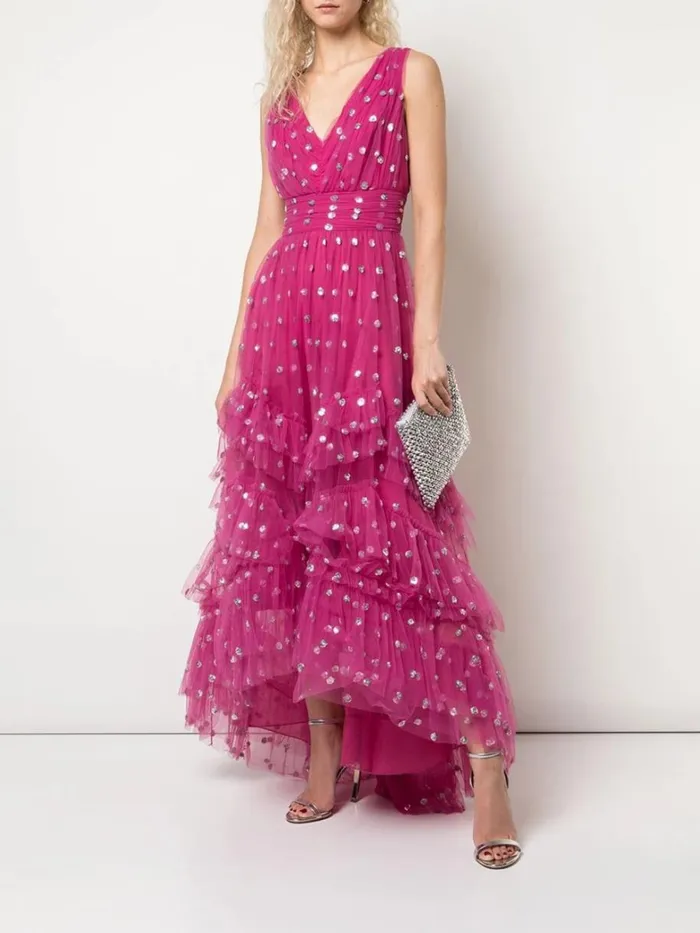 Women Marchesa Dresses Sequin Dot Texture Tea Length Dress Fuchsia