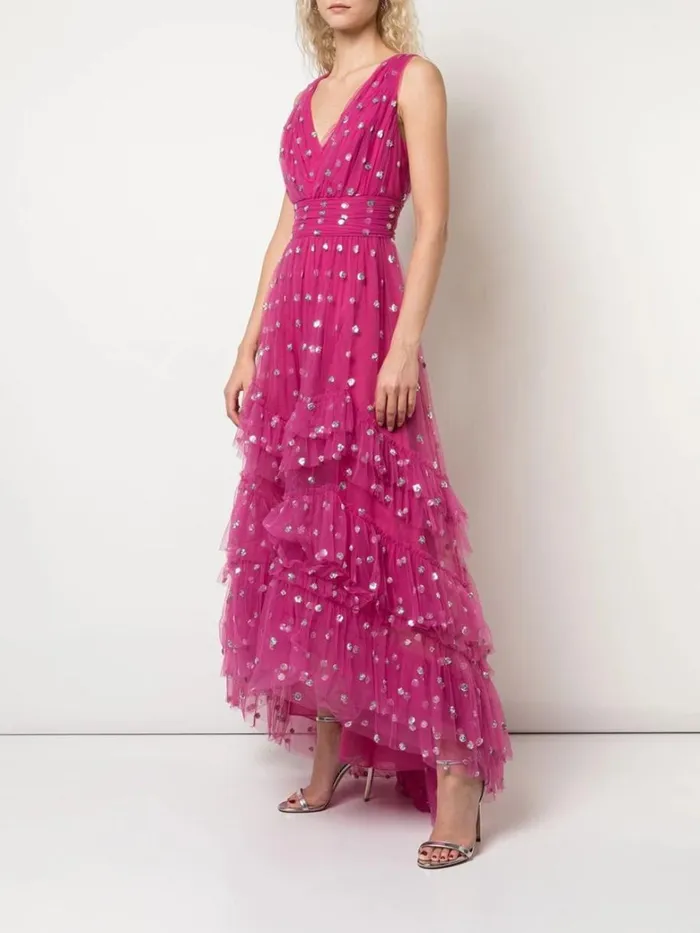 Women Marchesa Dresses Sequin Dot Texture Tea Length Dress Fuchsia