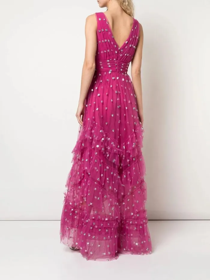Women Marchesa Dresses Sequin Dot Texture Tea Length Dress Fuchsia