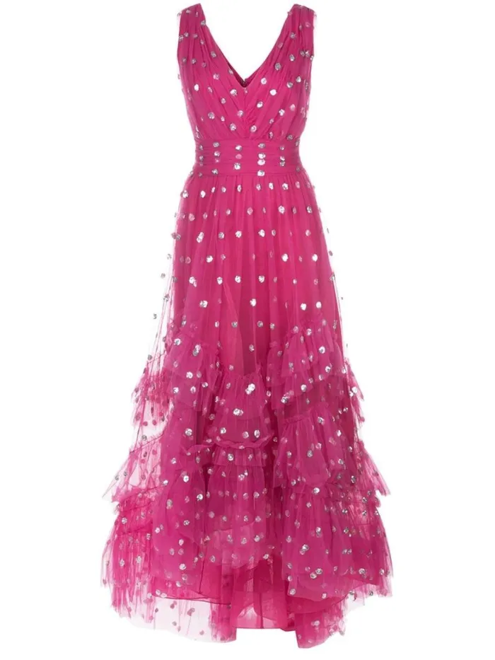 Women Marchesa Dresses Sequin Dot Texture Tea Length Dress Fuchsia