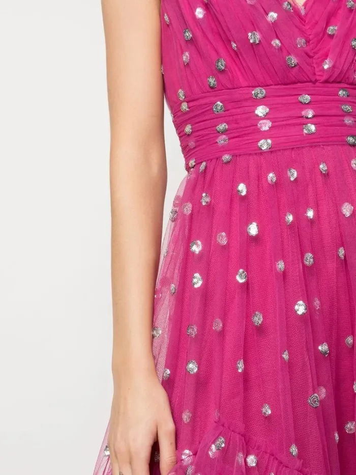 Women Marchesa Dresses Sequin Dot Texture Tea Length Dress Fuchsia