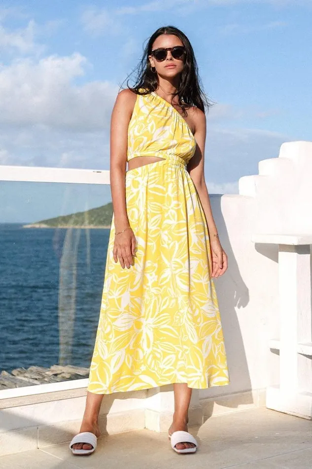 Women Maxi Dresses Cupshe Ashly Floral One Shoulder Cutout Dress Yellow