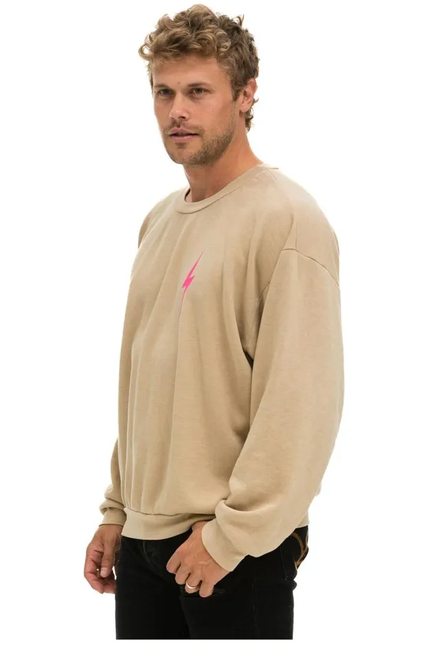 WomenMen Sweatshirts Aviator Nation Bolt 2 Relaxed Crew Sweatshirt 8211 Sand Neon Pink
