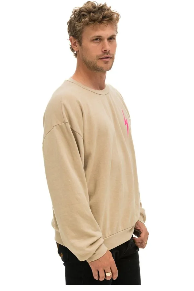 WomenMen Sweatshirts Aviator Nation Bolt 2 Relaxed Crew Sweatshirt 8211 Sand Neon Pink