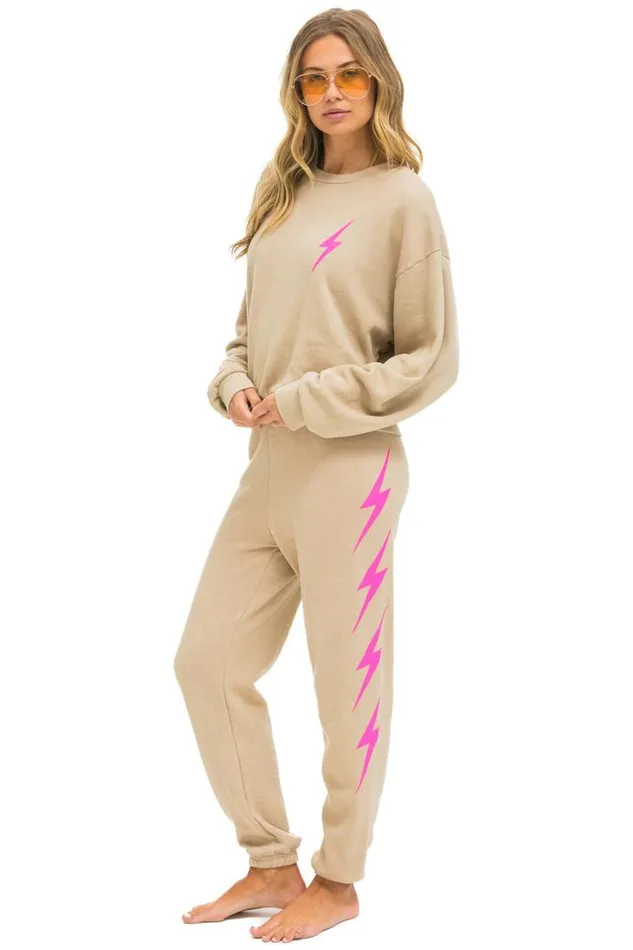 WomenMen Sweatshirts Aviator Nation Bolt 2 Relaxed Crew Sweatshirt 8211 Sand Neon Pink