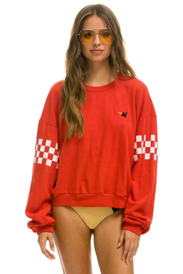 WomenMen Sweatshirts Aviator Nation Check 2 Sleeve Relaxed Crew Sweatshirt 8211 Red White WomenMen Sweatshirts Aviator Nation Check 2 Sleeve Relaxed Crew Sweatshirt 8211 Red White