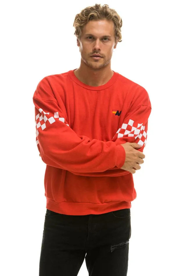 WomenMen Sweatshirts Aviator Nation Check 2 Sleeve Relaxed Crew Sweatshirt 8211 Red White