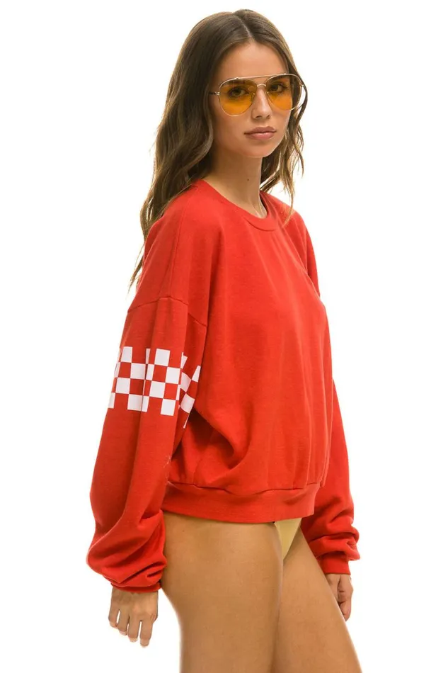 WomenMen Sweatshirts Aviator Nation Check 2 Sleeve Relaxed Crew Sweatshirt 8211 Red White