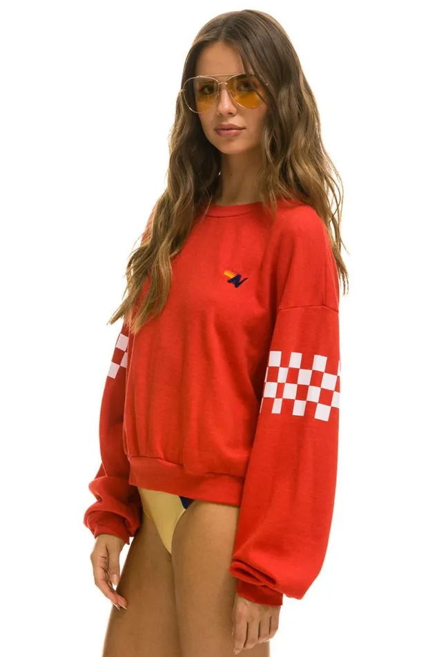WomenMen Sweatshirts Aviator Nation Check 2 Sleeve Relaxed Crew Sweatshirt 8211 Red White