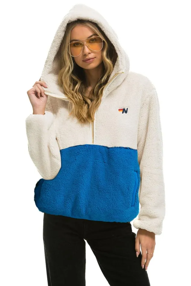 WomenMen Teddy Jackets Aviator Nation Teddy Unisex Hooded Half Zip Color Block Jacket 8211 Vintage White WomenMen Teddy Jackets Aviator Nation Teddy Unisex Hooded Half Zip Color Block Jacket 8211 Vintage White