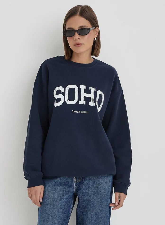 Women Navy Distressed Soho Slogan Classic Longline Sweatshirt Bobbi 4th and Reckless Athleisure
