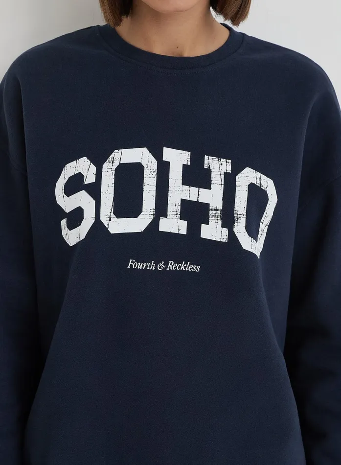 Women Navy Distressed Soho Slogan Classic Longline Sweatshirt Bobbi 4th and Reckless Athleisure