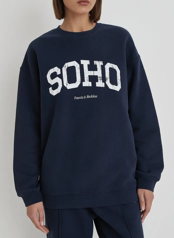 Women Navy Distressed Soho Slogan Classic Longline Sweatshirt Bobbi 4th and Reckless Athleisure