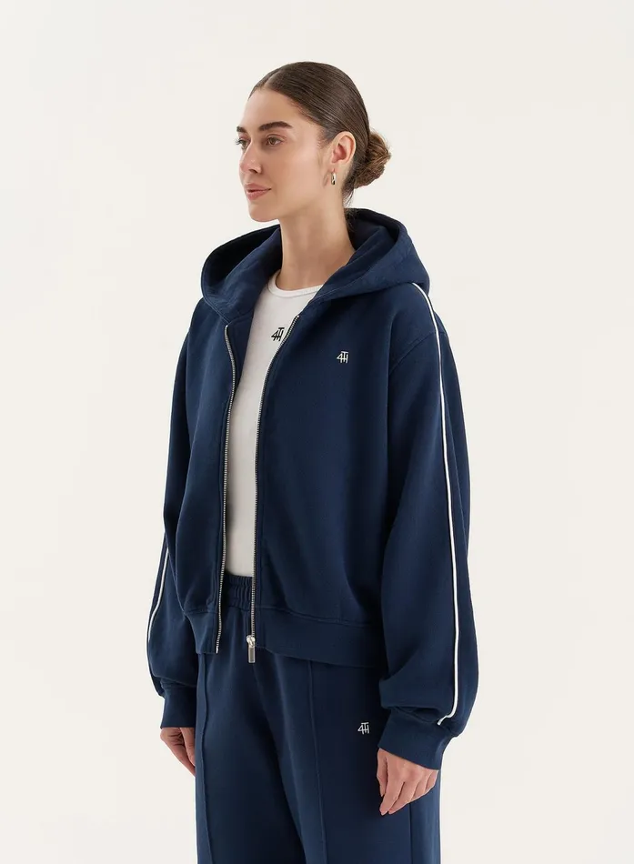 Women Navy Fourth Branded Cropped Zip Hoodie Carey 4th and Reckless Hoodies and Sweatshirts
