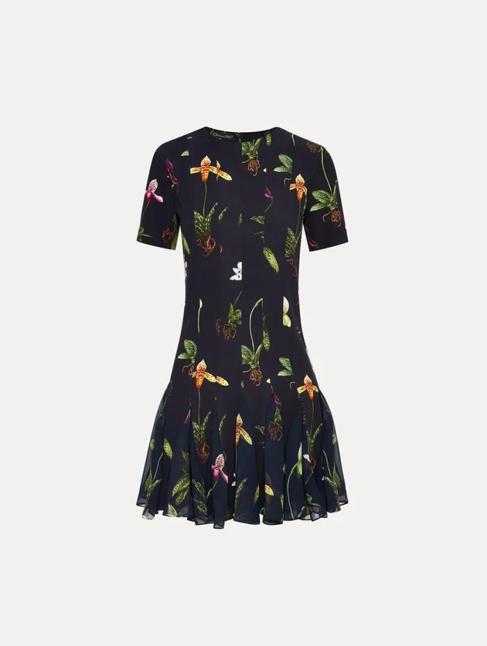 Women Orchid Cady Inset Mini Dress Navy Multi Oscar De La Renta Dresses