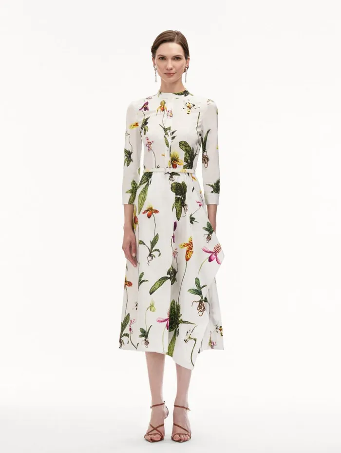 Women Orchid Cotton Poplin 34 Sleeve Dress White Multi Oscar De La Renta Dresses