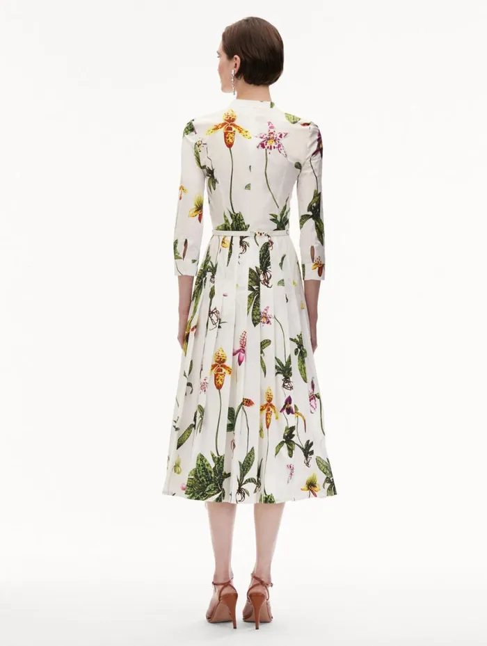 Women Orchid Cotton Poplin 34 Sleeve Dress White Multi Oscar De La Renta Dresses