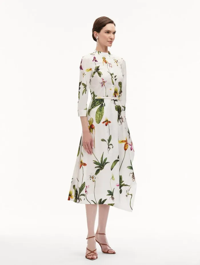 Women Orchid Cotton Poplin 34 Sleeve Dress White Multi Oscar De La Renta Dresses