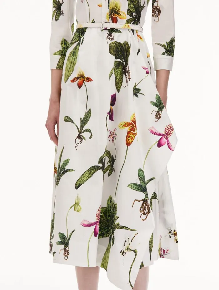 Women Orchid Cotton Poplin 34 Sleeve Dress White Multi Oscar De La Renta Dresses