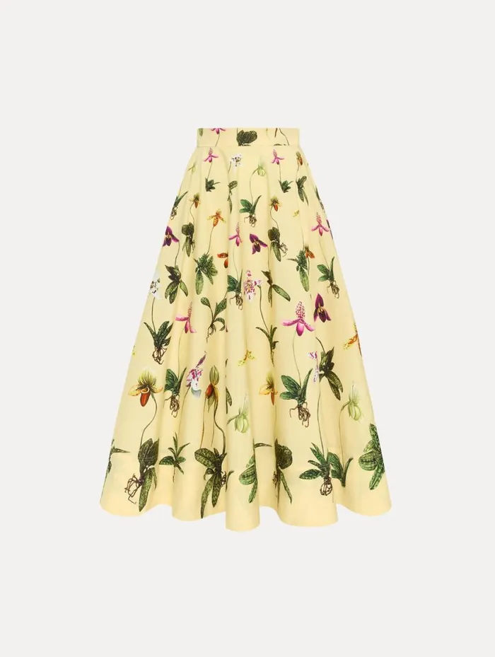 Women Orchid Cotton Poplin Skirt Yellow Multi Oscar De La Renta Pants and Skirts