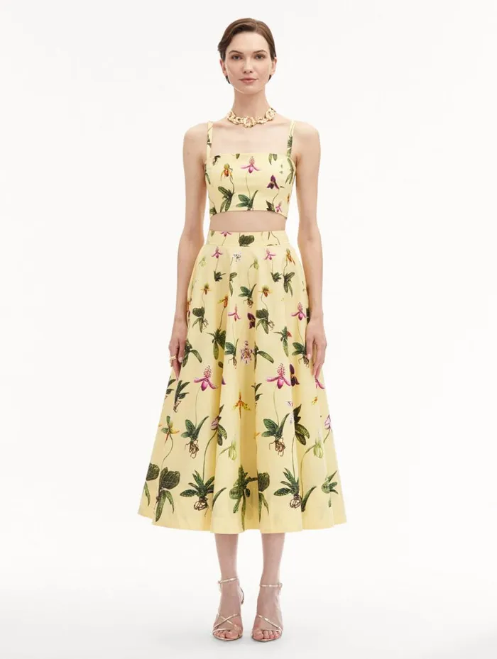 Women Orchid Cotton Poplin Skirt Yellow Multi Oscar De La Renta Pants and Skirts Women Orchid Cotton Poplin Skirt Yellow Multi Oscar De La Renta Pants and Skirts