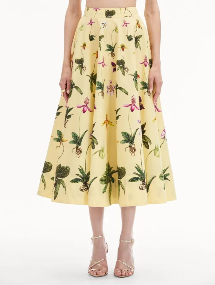 Women Orchid Cotton Poplin Skirt Yellow Multi Oscar De La Renta Pants and Skirts Women Orchid Cotton Poplin Skirt Yellow Multi Oscar De La Renta Pants and Skirts