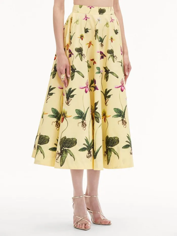 Women Orchid Cotton Poplin Skirt Yellow Multi Oscar De La Renta Pants and Skirts Women Orchid Cotton Poplin Skirt Yellow Multi Oscar De La Renta Pants and Skirts