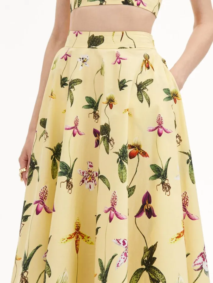 Women Orchid Cotton Poplin Skirt Yellow Multi Oscar De La Renta Pants and Skirts Women Orchid Cotton Poplin Skirt Yellow Multi Oscar De La Renta Pants and Skirts