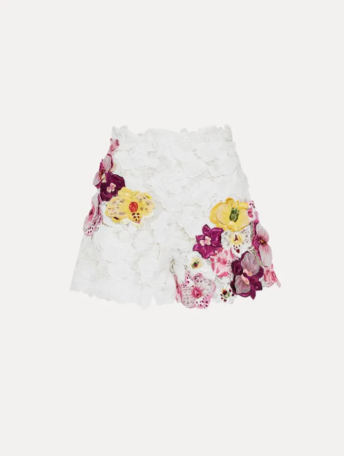 Women Orchid Embroidered Guipure Shorts White Oscar De La Renta Pants and Skirts