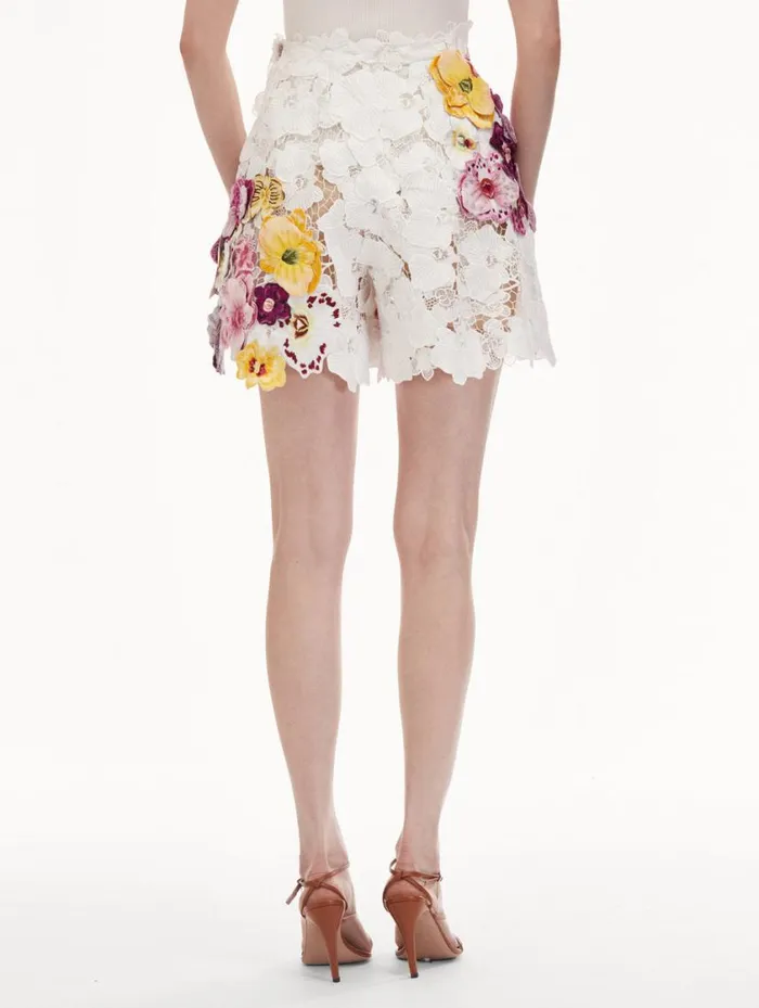 Women Orchid Embroidered Guipure Shorts White Oscar De La Renta Pants and Skirts