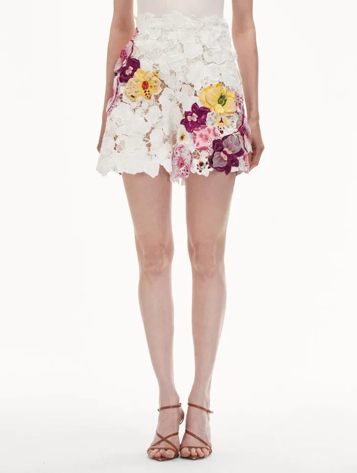 Women Orchid Embroidered Guipure Shorts White Oscar De La Renta Pants and Skirts
