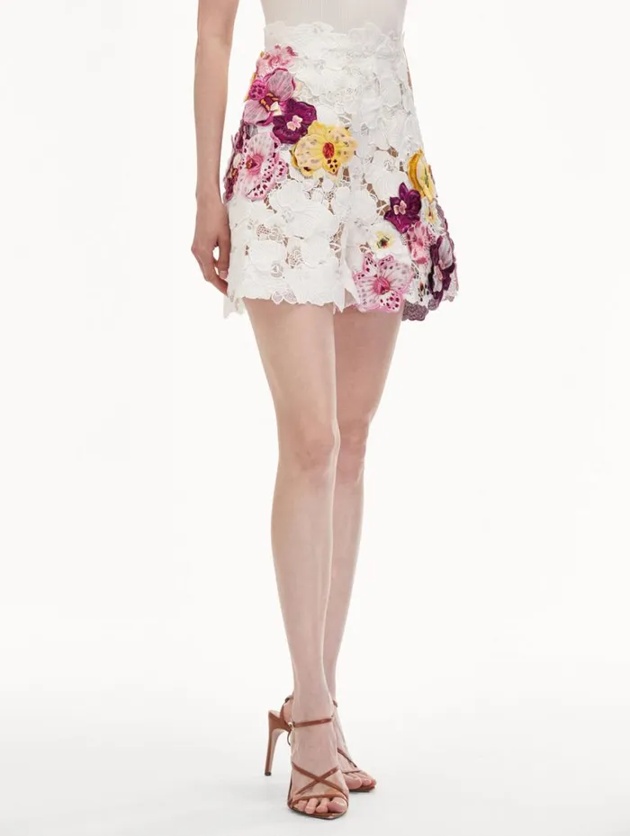Women Orchid Embroidered Guipure Shorts White Oscar De La Renta Pants and Skirts